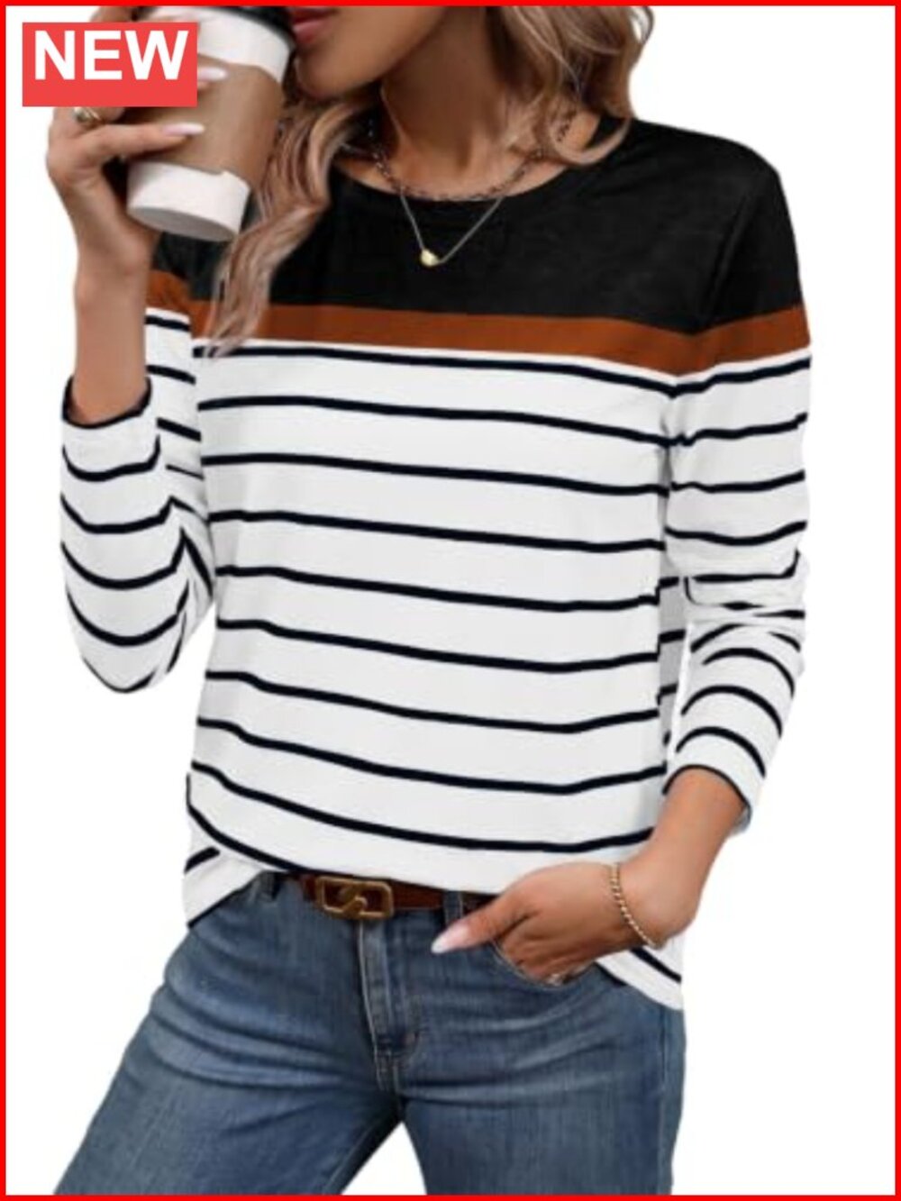 Womens Long Sleeve Striped Top Crew Neck Casual Layering Shirt